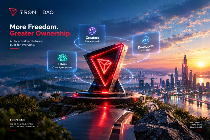 A promotional banner for TRON DAO with the headline 'More Freedom. Greater Ownership.' and 'A decentralized future, built for everyone.' It showcases a glowing red TRON logo monument overlooking a city, with three floating panels labeled 'Creators,' 'Developers,' and 'Users,' and footer text reading 'TRON DAO - AN OPEN ECOSYSTEM BUILT BY THE COMMUNITY.'
