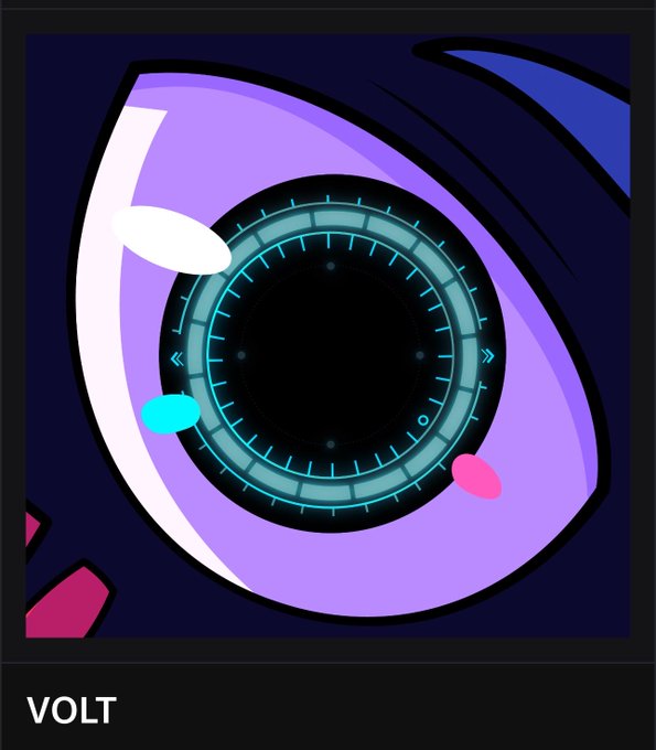 A stylized cartoon eye with a futuristic cyan digital reticle design, labeled "VOLT" in white text at the bottom left. The image visually represents the @PoweredByVolt project mentioned in the post, symbolizing vision or insight as the user announces their successful mint price increase from $20 to $62 and their community's guaranteed whitelist spots.