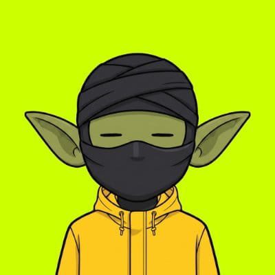 A cartoon illustration of a green-skinned, elf-like character with pointed ears, wearing a black head wrap, face mask, and yellow hoodie against a lime green background.