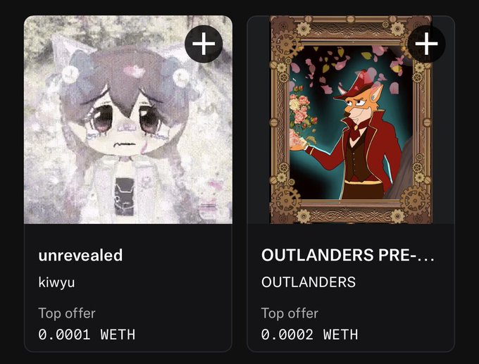 An NFT marketplace displaying two items: an 'unrevealed' kiwyu NFT with a top offer of 0.0001 WETH, and 'OUTLANDERS PRE-...' collection featuring a fox character with a top offer of 0.0002 WETH.