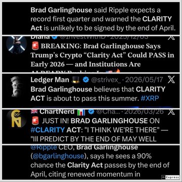 The image displays a series of tweets from 2025 and 2026 featuring Ripple CEO Brad Garlinghouse making progressively optimistic predictions about the Clarity Act passing—from "unlikely to be signed by April" to a "90% chance" by April's end. The skeptical accompanying caption "@bgarlinghouse wekenttrustyou" highlights how Garlinghouse's shifting forecasts, including his latest claim of a 90% chance the Clarity Act passes by April, contrast with his earlier pessimistic statements, undermining trust in his predictions.