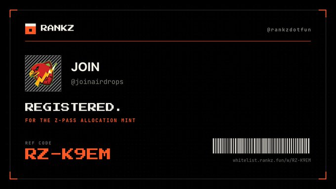 Black-and-orange registration confirmation card for the RANKZ Z-Pass allocation mint, displaying the username '@joinairdrops', the referral code 'RZ-K9EM' and the whitelist URL.