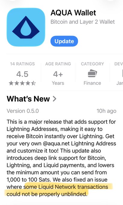 The image shows an app called Aqua Wallet that has been updated, with a focus on fixing issues related to liquid network transactions. The text indicates that this update is for everyone using @hodlhodl, meaning that users who have paid fees in US dollars might not be able to fully unblind their transactions when there's a dispute. The app aims to fix these issues and provide a better experience for its users.