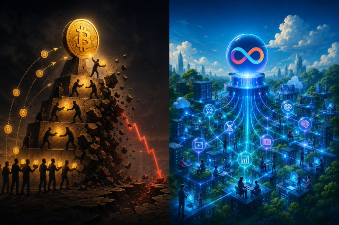A split image contrasts a crumbling, collapsing pyramid topped with a Bitcoin "B" symbol (with a red downward trend arrow) against a vibrant, interconnected digital cityscape built around the Internet Computer infinity logo. The visual metaphor aligns with the post's message: Bitcoin's demand structure is eroding as a key buyer weakens, while Internet Computer represents a fundamentally different, sustainable, and interconnected ecosystem.