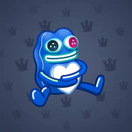 The image features a blue plush toy with a heart-shaped head that has a button nose, giving it a unique appearance. The toy is holding up a white heart against a dark background, which appears to be a pattern of black and white crowns scattered throughout the scene. The caption reads "15 years after creating #Zoich, Egor became the primary designer for @telegram's Plush Pepe collection". This suggests that the plush toy has been around for quite some time and is now being used as part of a larger collection or theme.