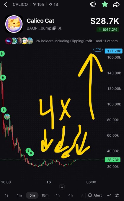 A screenshot of a cryptocurrency price chart for 'Calico Cat' showing a massive 1067.2% gain to $28.7K, with hand-drawn yellow arrows and '4x' text indicating a price surge.