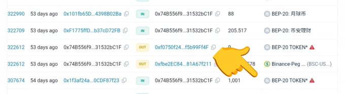 A cryptocurrency transaction history log showing various token transfers marked as IN and OUT with dollar amounts and truncated wallet addresses. Visible tokens include BEP-20 (BSC-US...), with a cartoon pointing hand emoji highlighting one of the entries.