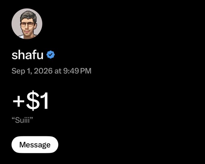 A Twitter/X post screenshot from user 'shafu' dated Sep 1, 2026, showing a tip of '+$1' with the message 'Suiii'.
