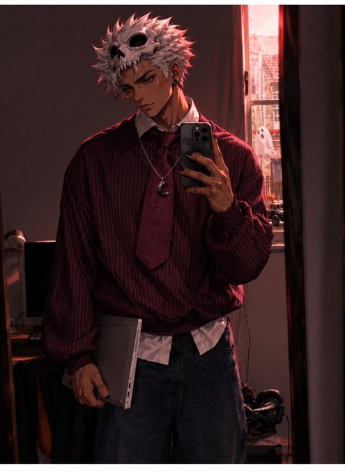 Anime-style illustration of a male character with white spiky hair and a skull mask on his head, wearing a red striped shirt and tie, taking a mirror selfie with a phone while holding a gray laptop.