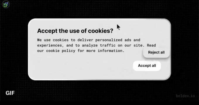 A cookie consent popup with the heading "Accept the use of cookies?" offering "Reject all" and "Accept all" buttons on a dark background, with "beldex.io" visible in the bottom right corner.