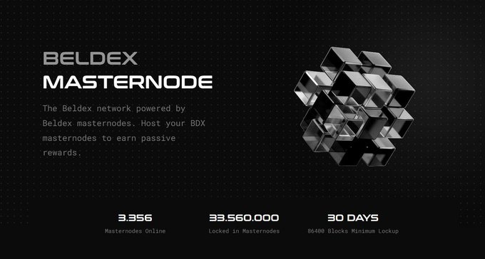 A black promotional graphic for 'BELDEX MASTERNODE' describing the Beldex network and passive rewards from hosting BDX masternodes, showing 3,356 masternodes online, 33,560,000 locked, and a 30-day/86,490 blocks minimum lockup period.