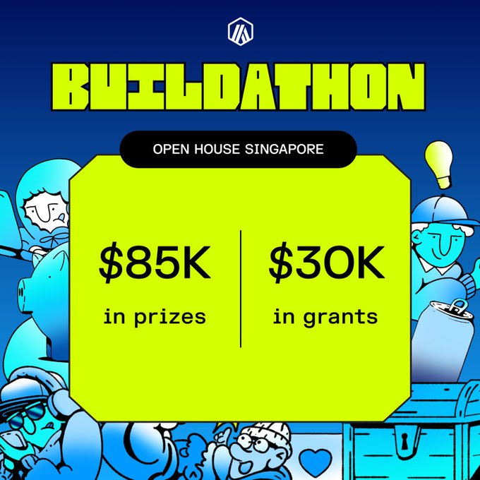 Promotional graphic for "BUILDATHON" at Open House Singapore, displaying "$85K in prizes" and "$30K in grants" alongside cartoon character illustrations, highlighting the $115K total mentioned in the post's announcement of an Arbitrum Platform online buildathon starting September 14.
