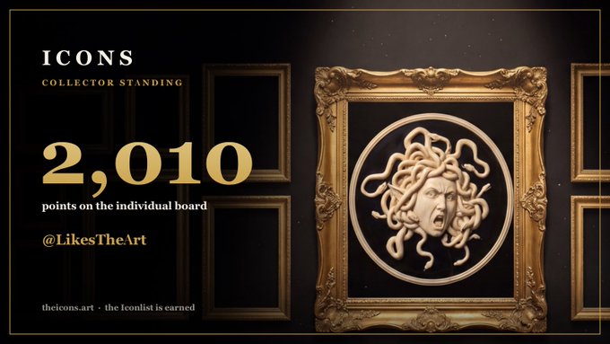 A promotional graphic for 'ICONS COLLECTOR STANDING' showing '2,010 points on the individual board' by @LikesTheArt, alongside a framed Medusa-style relief sculpture with snakes for hair.