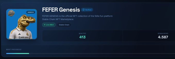 The image displays the verified "FEFER Genesis" NFT collection page on fefer.fun, showing 413 minted out of 4,587 remaining. The featured artwork is a cartoon T-Rex wearing a Real Madrid jersey, matching the post's call to push the mint count from 413 toward 1,000.