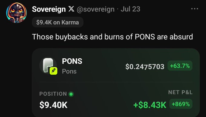 A Twitter/X screenshot from 'Sovereign X' (@sovereign) showing a $9.4K PONS crypto position with a +869% net P&L of +$8.43K.