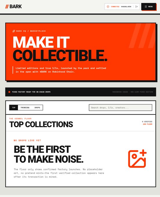 Screenshot of the BARK NFT marketplace homepage featuring 'MAKE IT COLLECTIBLE' branding with sections for Top Collections and on-chain drops on Robinhood Chain.