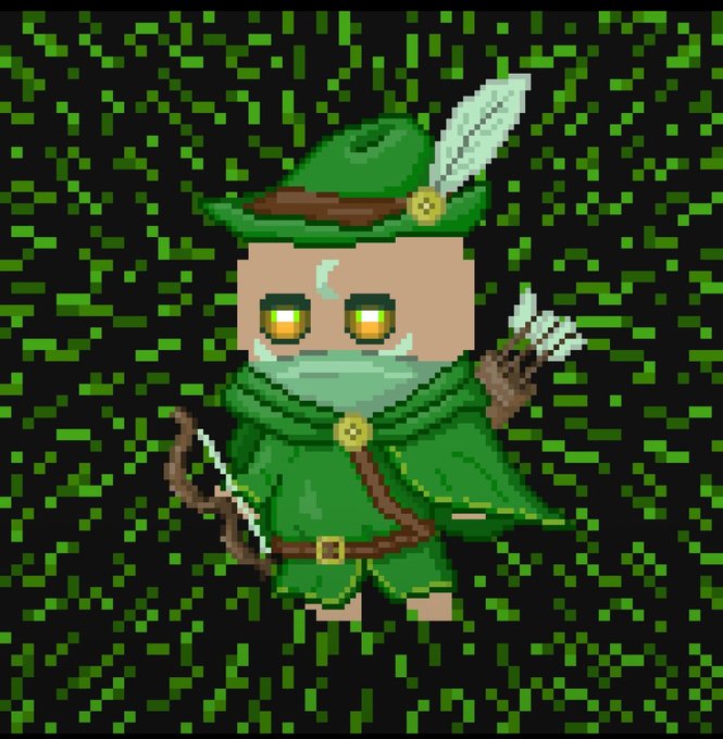 A pixel art illustration of a green-robed archer character with a feathered hat, bow, and quiver of arrows, set against a background of green digital code.