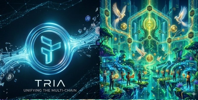 The image features a poster with two different designs, one of which includes a logo that reads "Tria" along with the words "Unifying the Multi-chain". The other design depicts a scene from a video game or fantasy world featuring people on top of a cliff and flying birds in the sky. The poster is accompanied by text that says "Most crypto projects talk about growth. Very few focus on what actually creates it. @useTria is working to make crypto simpler and more accessible for everyday users. At the same time @wallchain is exploring ways to make community participation more valuable and rewarding."