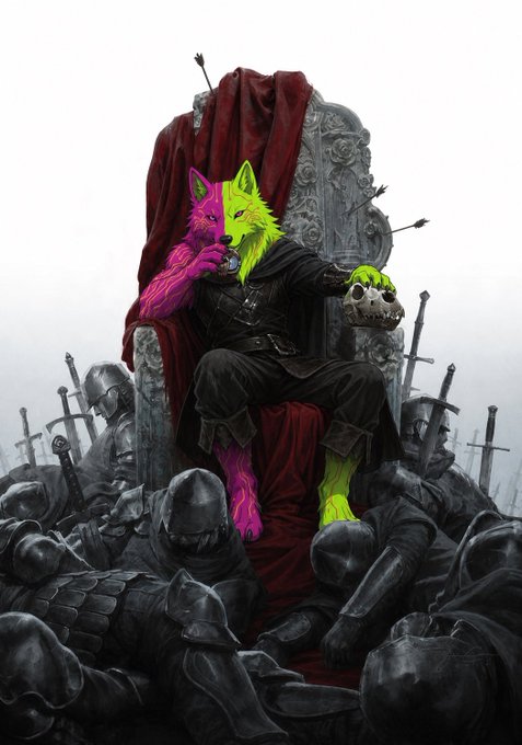 A digital artwork depicting a cat-like character in a dark robe sitting on a red-draped throne surrounded by fallen armored knights, holding a skull.