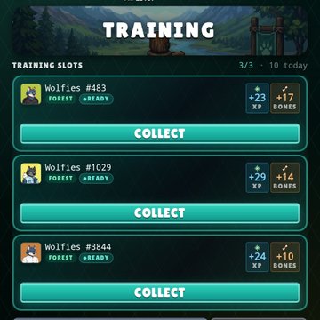 A mobile game screen titled 'TRAINING' displays three training slots (Wolves #483, #1029, #3844) in the 'FOREST' biome, all marked ready with a 'COLLECT' button offering XP and Bones rewards.