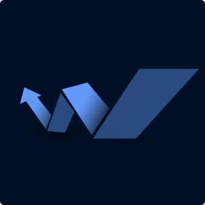 A stylized blue logo on a dark navy background resembling an upward-pointing arrow combined with the letter "W".