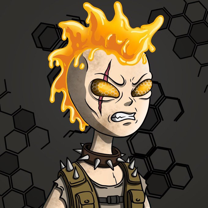 A fierce cartoon avatar with molten yellow hair and a hexagonal backdrop, the mascot for the Fulelore NFT giveaway offering 15 whitelist spots for the 2,666‑NFT collection.