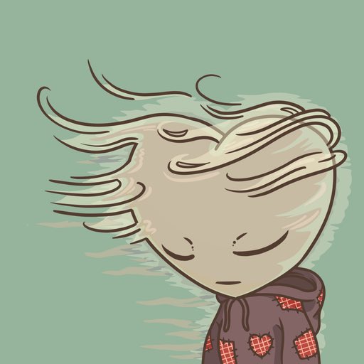An illustration of a child with windswept light brown hair, closed eyes, and a solemn expression, wearing a maroon hoodie decorated with red heart patterns against a teal background.