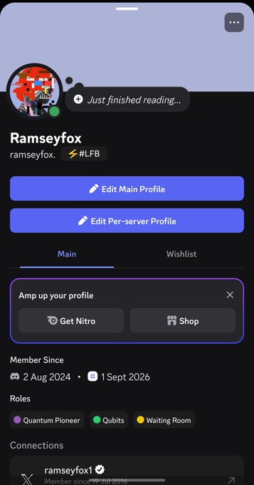A Discord mobile profile page for user 'Ramseyfox' (ramseyfox.) tagged with #LFB, showing 'Just finished reading..' status, member since 2 Aug 2024, and roles including Quantum Pioneer, Qubits, and Waiting Room.