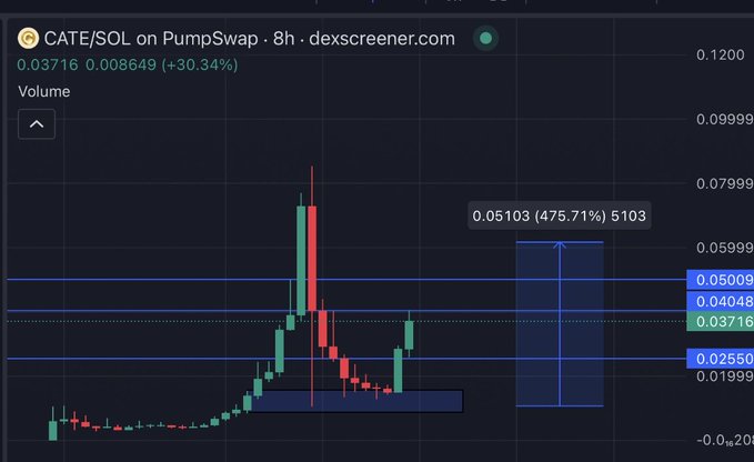A candlestick chart from DexScreener shows the CATE/SOL trading pair on PumpSwap over 8 hours, with the token currently at $0.03716, up 30.34% from a low of $0.008649, having bounced sharply from the blue support box at ~$0.019-0.025 and now approaching resistance levels at $0.04048 and $0.05009. The chart visually supports the post's bullish claim that CATE has rebounded strongly from its bottom support levels after dipping earlier in the session.