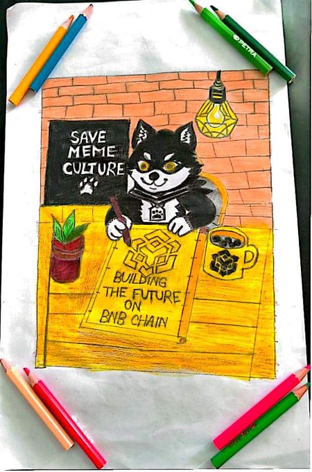 A hand-drawn colored pencil illustration shows a husky-like cartoon character sitting at a desk writing on a blueprint. Visible text reads 'SAVE MEME CULTURE' on a chalkboard and 'BUILDING THE FUTURE ON BNB CHAIN' on the paper, surrounded by scattered colored pencils.