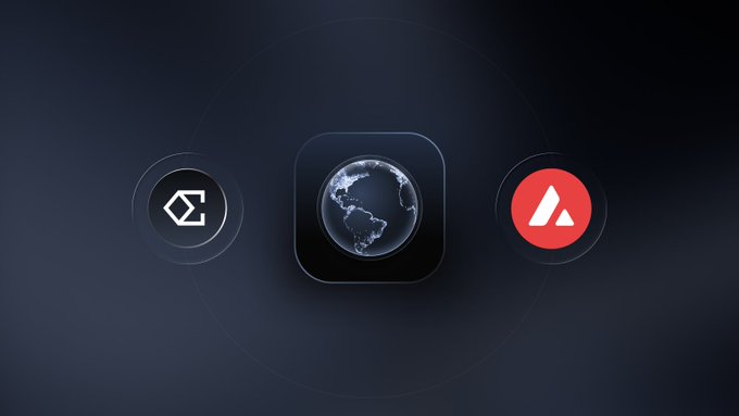 The image shows three app icons arranged horizontally on a dark background: the Ethena logo (a black circle with a white geometric emblem) on the left, a central globe icon highlighting the Americas, and the red Avalanche (AVAX) logo featuring its distinctive mountain peak on the right.

This visual represents the partnership between Ethena and Avalanche, with the central globe symbolizing the global scale at which the Ethena Pay product suite will operate, powered by Avalanche as its exclusive settlement layer.