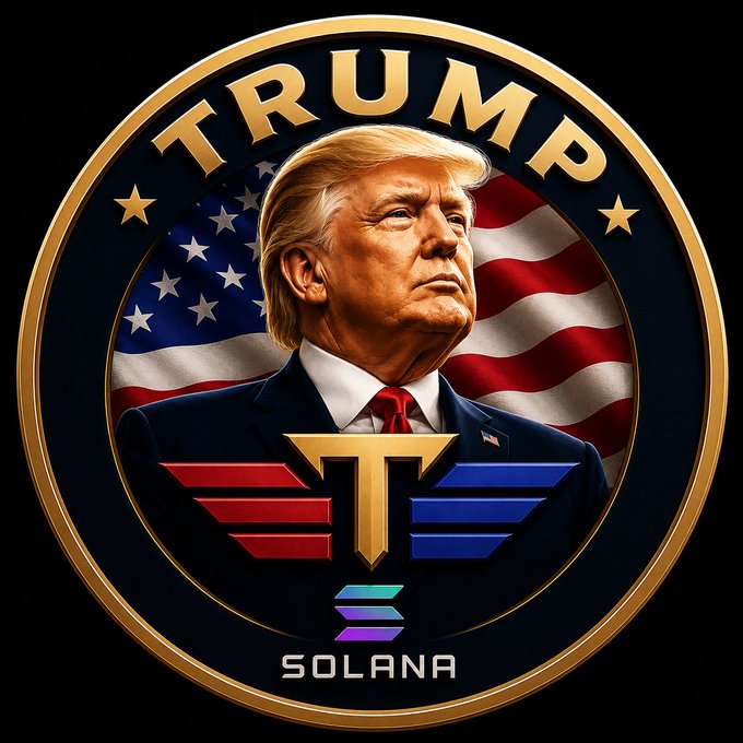 This image features a circular emblem showcasing Donald Trump against an American flag background, with the text "TRUMP" arched at the top and "SOLANA" at the bottom. The design serves as a promotional graphic for the community-driven "$TRUMP" meme coin on the Solana blockchain.