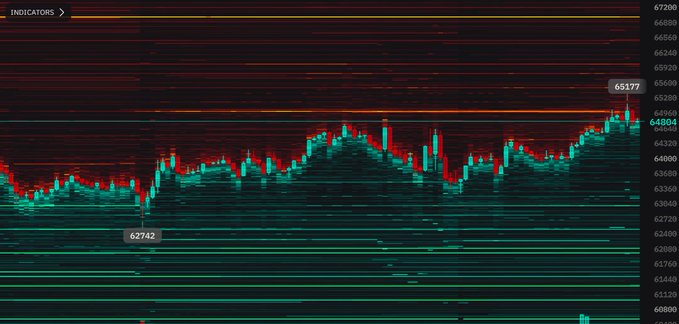 This Bitcoin order book chart visually depicts significant buying pressure between $60.5K and $63K, with fewer orders on the sell side, as prices reach levels like $65,177 and $64,804.