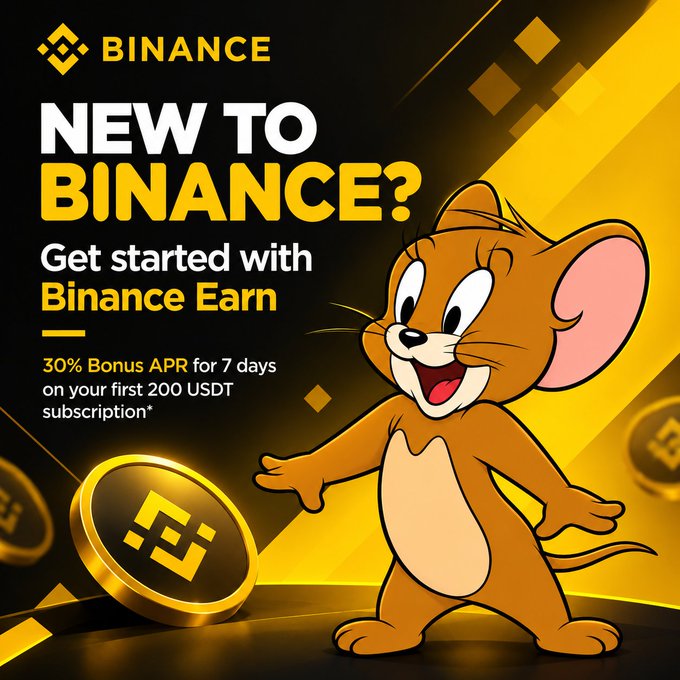 A Binance promotional advertisement featuring the Jerry the Mouse mascot and offering "30% Bonus APR for 7 days on your first 200 USDT subscription" through Binance Earn.