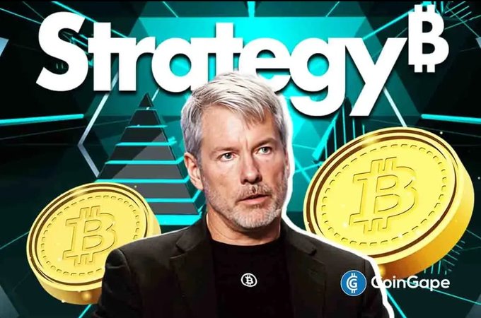 A CoinGape video thumbnail titled 'Strategy ₿' featuring a man with gray hair and beard alongside two large gold Bitcoin coins against a teal geometric background.