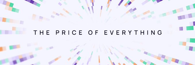 The image features an advertisement for cryptocurrency trading services or information, with a white background featuring blue and purple stripes arranged to look like rays of light or a beam of sunlight. The text above reads "THE PRICE OF EVERYTHING", suggesting that this is a product related to the price of everything in the market space.