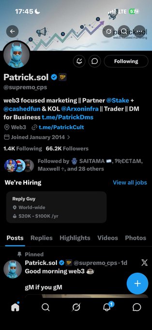 X (Twitter) profile for Patrick.sol (@supremo_cps), a web3 marketing professional with 66.2K followers, whose pinned post reads 'Good morning web3 gM if you gM'.