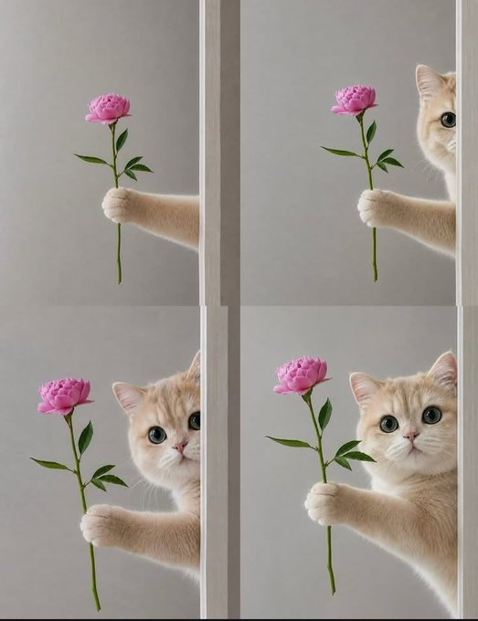 A four-panel image of a cute cat peeking out from behind a wall, holding a pink peony flower in its paw.