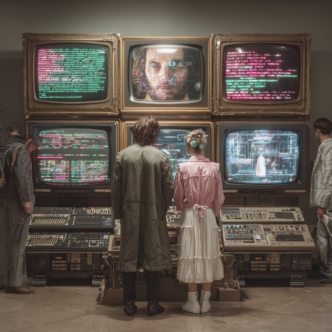A retro-futuristic scene of people in vintage and elegant clothing observing a wall of six old CRT monitors displaying green/pink code and ethereal faces above analog mixing consoles.