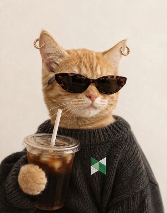 An orange tabby cat wearing tortoiseshell sunglasses, hoop earrings, and a dark gray ribbed sweater holds an iced coffee with a straw against a light background.