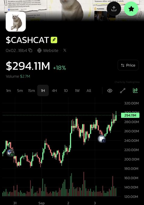 A cryptocurrency chart for '$CASHCAT' showing a price of $294.11M, up 18%, with a candlestick graph and volume bars on a dark interface.