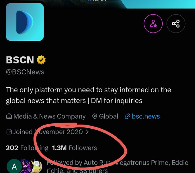 The image displays the Twitter/X profile of BSCN (@BSCNews), a verified Media & News Company with 1.3M followers that joined in November 2020. The user is circling the follower count, likely emphasizing BSCN's credibility and large audience as proof that news about $LUNC is "massive" and the user's claim isn't a scam, but a genuine signal being noticed by a major crypto news outlet.