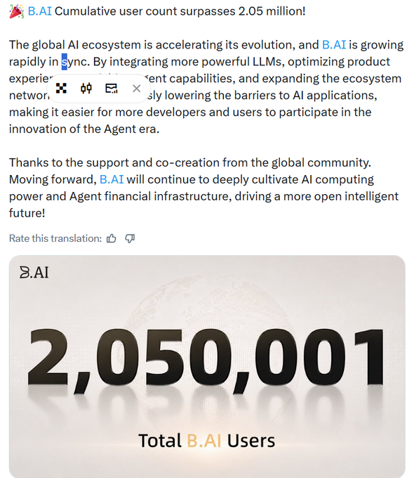 A Google-translated announcement states that B.AI's cumulative user count has surpassed 2.05 million, celebrating growth in the global AI ecosystem with a banner displaying '2,050,001 Total B.AI Users.'