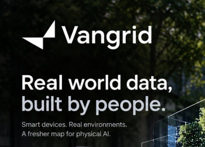 A promotional graphic for 'Vangrid' featuring the company logo and the tagline 'Real world data, built by people. Smart devices. Real environments. A fresher map for physical AI.'