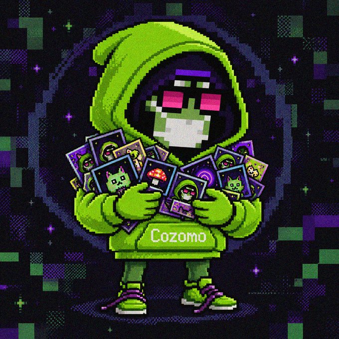 Pixel art character in a green hoodie labeled "Cozomo" holding fanned-out NFT trading cards, wearing sunglasses with pink lenses against a dark glitchy background.
