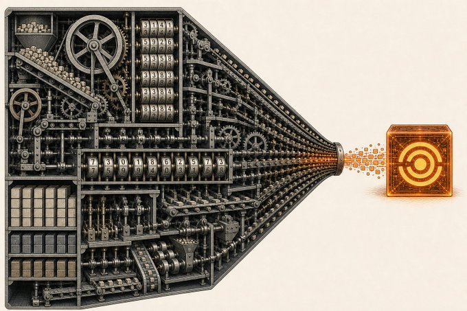 A detailed illustration of a complex mechanical computing machine with gears, number dials, and a funnel-shaped output channeling data into a glowing orange cube labeled with a target-like logo.