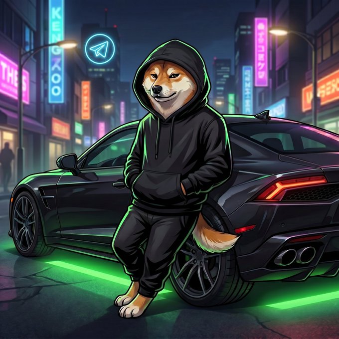 An anthropomorphic Shiba Inu dog wearing a black hoodie leans against a sleek black sports car (which features a paper airplane icon) under neon-lit city streets, visually embodying the "DOG IN HOOD" ($DIH) brand identity promoted by the newly launched official Telegram community.