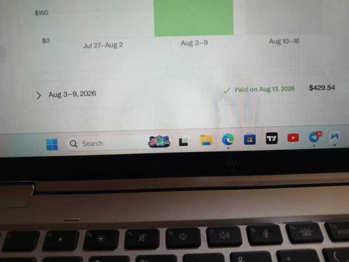 A laptop screen displays a payment confirmation showing "Aug 3-9, 2026" with "Paid on Aug 13, 2026" for "$429.54," supporting the post's claim of earning $429 for one week of work on Handshake AI.