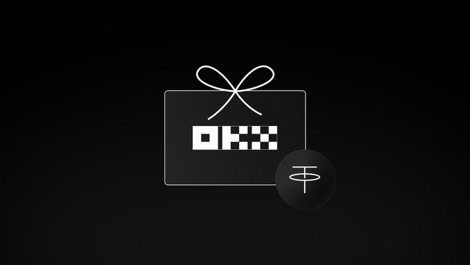 A minimalist black graphic featuring a stylized gift card with a bow design displaying the "OKX" logo, accompanied by a smaller circular icon with the OKX symbol—visually reinforcing the promotional post announcing the launch of futures trading for $TTWO, $UNH, $OSCR, and $SIMO on the OKX MENA platform.