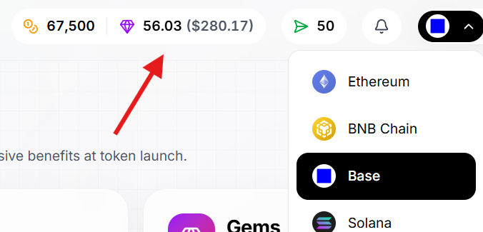 A red arrow points to a digital wallet interface displaying a balance of 56.03 ETH ($280.17) alongside 67,500 tokens, with a network selector dropdown showing options including Ethereum, BNB Chain, Base, and Solana. The screenshot illustrates the ETH deposit mentioned in the post about earning $280 from Allox AI's Portfolio Proof campaign.